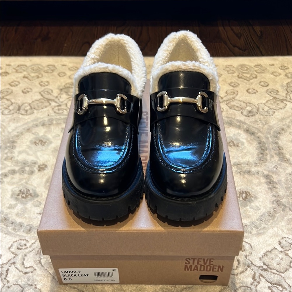 Steve Madden Black Patent Loafers with Shearling Lining